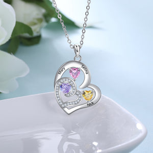 Double Heart Necklace 3 Simulated Heart Shape Birth Stone 3 Name Engraved Necklace