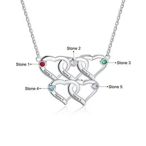 Rhodium Plated Engraved Heart Necklace With Birthstones Add Up To 5 Names and Hearts