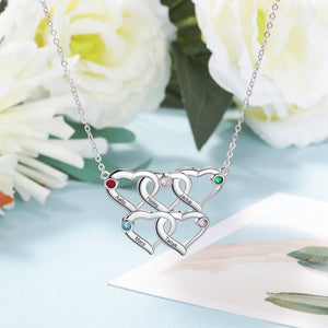 Rhodium Plated Engraved Heart Necklace With Birthstones Add Up To 5 Names and Hearts