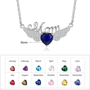 Rhodium Plated Angel Wing Necklaces for Mom, Personalized Necklace with Simulated Birthstone