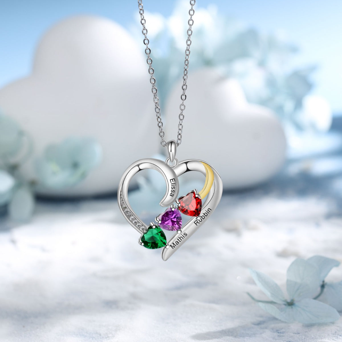 Personalized Rhodium Plated Heart Shape Pendant Necklace with 3 Birthstones 3 Engraved Names