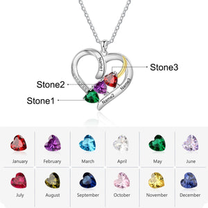 Personalized Rhodium Plated Heart Shape Pendant Necklace with 3 Birthstones 3 Engraved Names