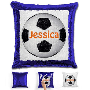 Soccer Personalized Magic Sequin Pillow Pillow GLAM Blue Orange 