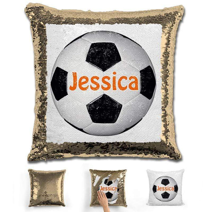 Soccer Personalized Magic Sequin Pillow Pillow GLAM Gold Orange 