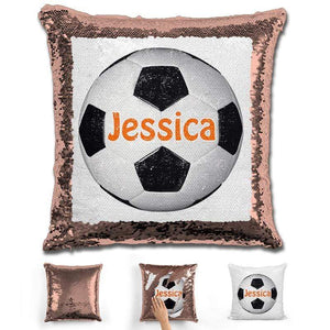 Soccer Personalized Magic Sequin Pillow Pillow GLAM Rose Gold Orange 