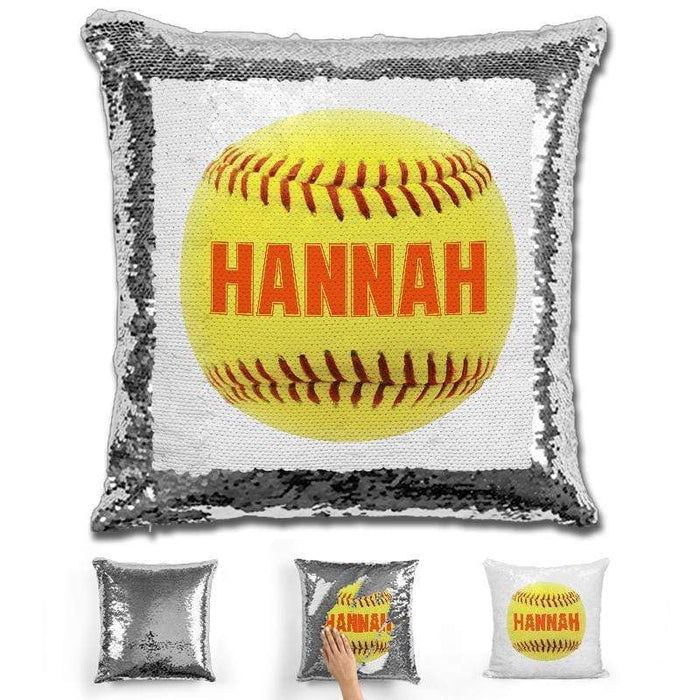 Softball Personalized Magic Sequin Pillow Pillow GLAM Silver Orange 