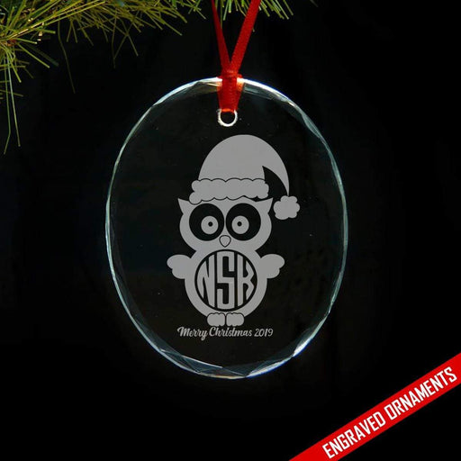 Owl CUSTOM Monogram Engraved Glass Ornament ZLAZER Oval Ornament 