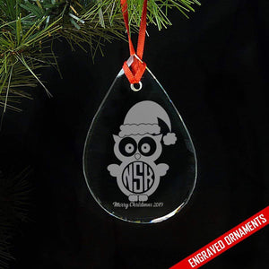 Owl CUSTOM Monogram Engraved Glass Ornament ZLAZER Tear Drop Ornament 