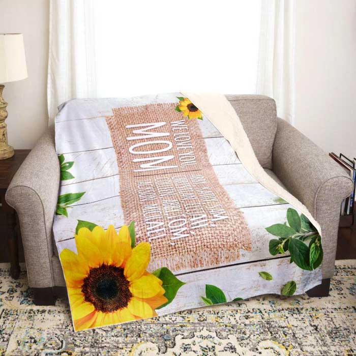 We Love You  Mom Sunflowers and Shiplap Personalized Mom Throw Blankets