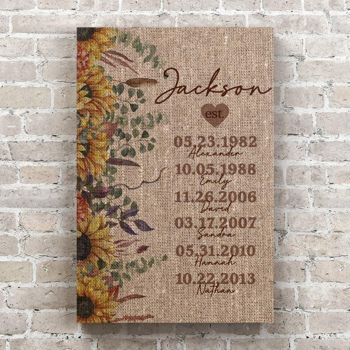 Personalized Mom Established Family Name Canvas - Burlap & Sunflower Canvas Wall Art