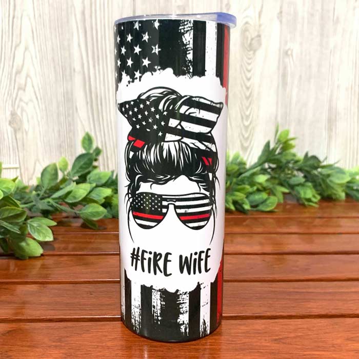 Personalized Fire Wife Messy Bun Distressed Flag Skinny Insulated Tumbler