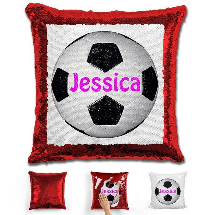 Soccer Personalized Magic Sequin Pillow Pillow GLAM Red Pink 