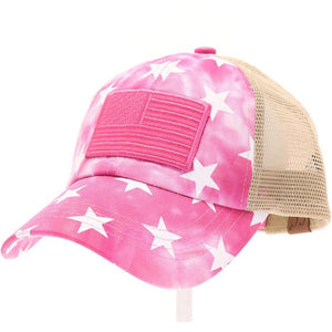 Tie Dye Star Print with USA Flag Patch Criss Cross High Pony CC Ball Cap Hat
