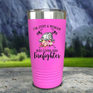 Just A Woman Who Loves Her Firefighter Color Printed Tumblers Tumbler Nocturnal Coatings 20oz Tumbler Pink 