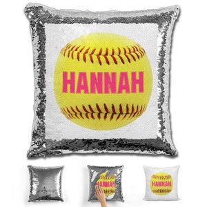 Softball Personalized Magic Sequin Pillow Pillow GLAM Silver Pink 