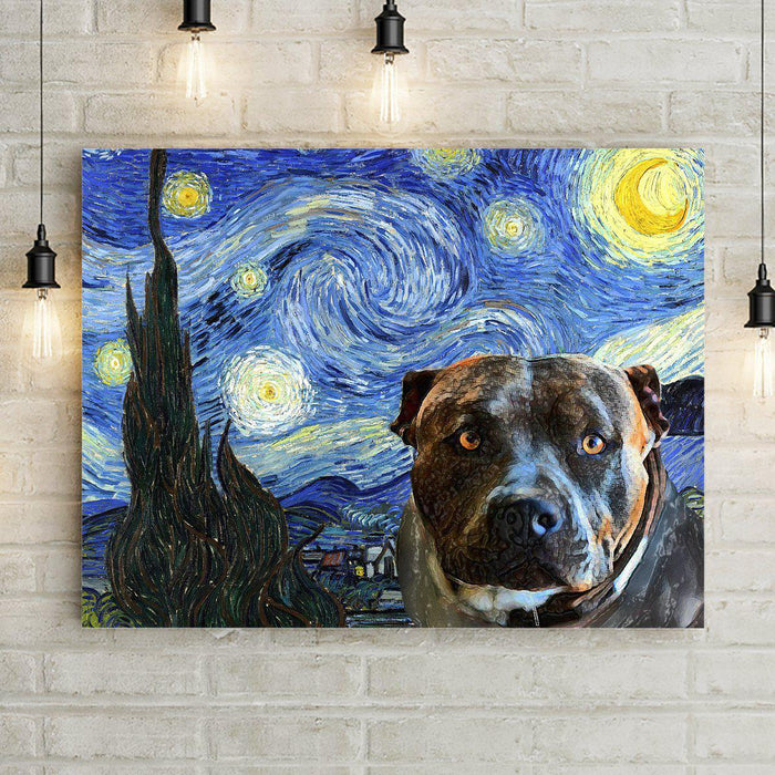 Starry Night Canvas Wall Art Print with Gallery-Style 1 1/2" frame with oil painted bully breed dog. Best gifts for Pit Bull Terrier Lovers and Dog Moms.