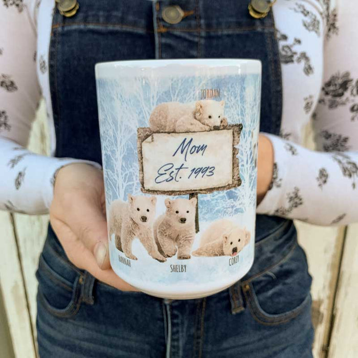 Personalized Christmas Mama Bear Mug with Papa Bear and Polar Bear Cubs