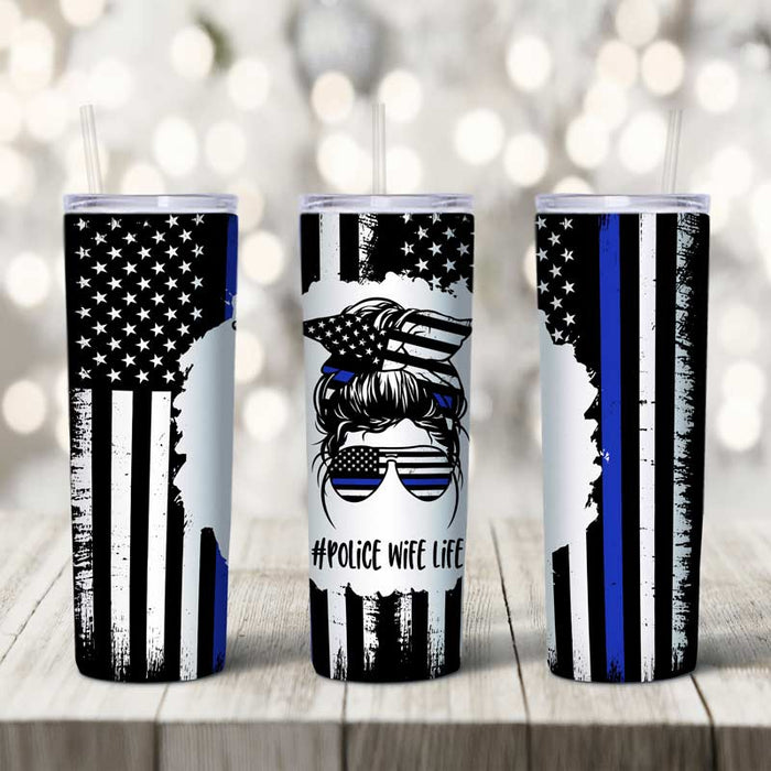 Personalized Police Wife Distressed Flag Thin Blue Line Skinny Tumbler