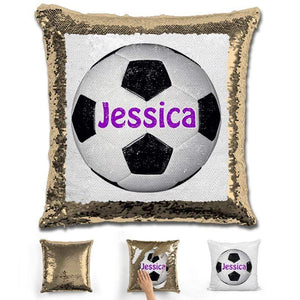 Soccer Personalized Magic Sequin Pillow Pillow GLAM Gold Purple 