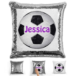 Soccer Personalized Magic Sequin Pillow Pillow GLAM Silver Purple 