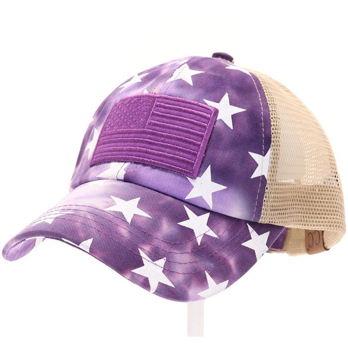 Tie Dye Star Print with USA Flag Patch Criss Cross High Pony CC Ball Cap Hat