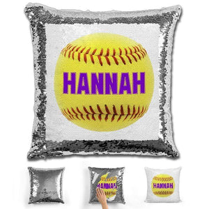 Softball Personalized Magic Sequin Pillow Pillow GLAM Silver Purple 