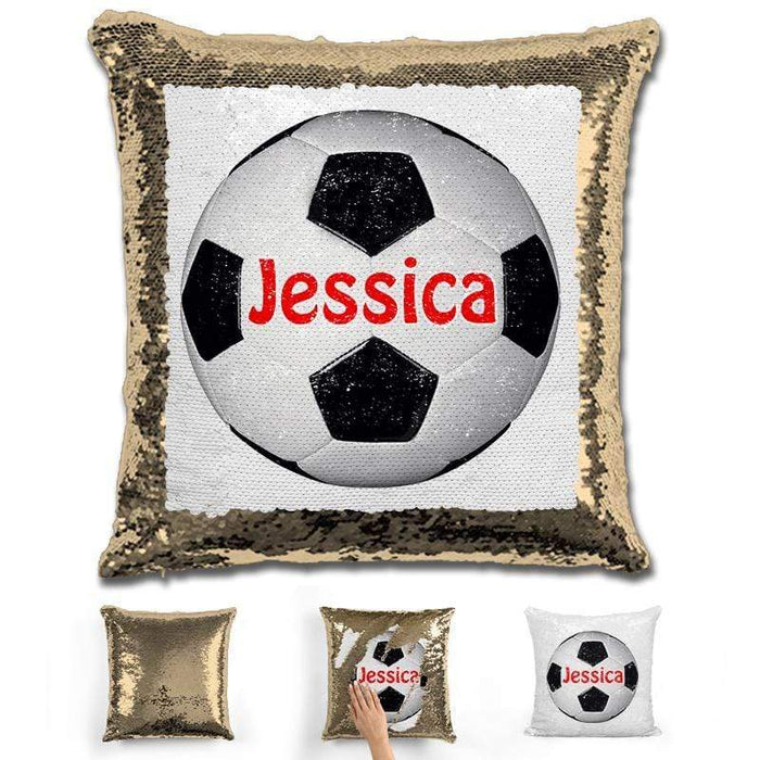 Soccer Personalized Magic Sequin Pillow Pillow GLAM Gold Red 