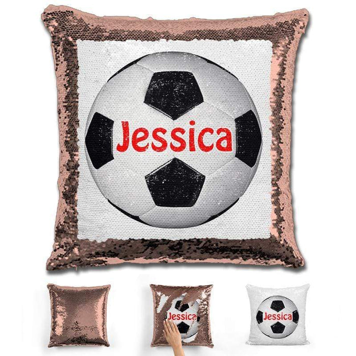 Soccer Personalized Magic Sequin Pillow Pillow GLAM Rose Gold Red 