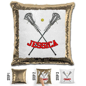 Lacrosse Personalized Magic Sequin Pillow Pillow GLAM Gold Red 