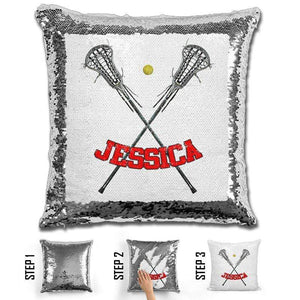 Lacrosse Personalized Magic Sequin Pillow Pillow GLAM Silver Red 