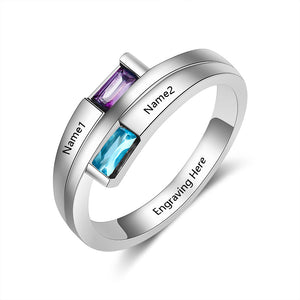 Double Baguette Bypass Ring Dual Birthstone Ring Engraved Names and Personal Message