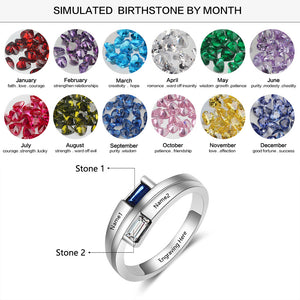 Double Baguette Bypass Ring Dual Birthstone Ring Engraved Names and Personal Message