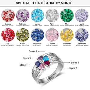 Flower Design Personalized Mother's Ring 5 Birthstones 5 Engraved Names and Message.