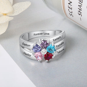 Flower Design Personalized Mother's Ring 5 Birthstones 5 Engraved Names and Message.