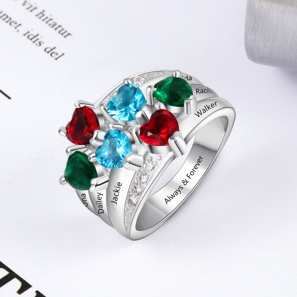 Personalized Mothers Ring 6 Heart Birthstones and 6 Engraved Names and Message