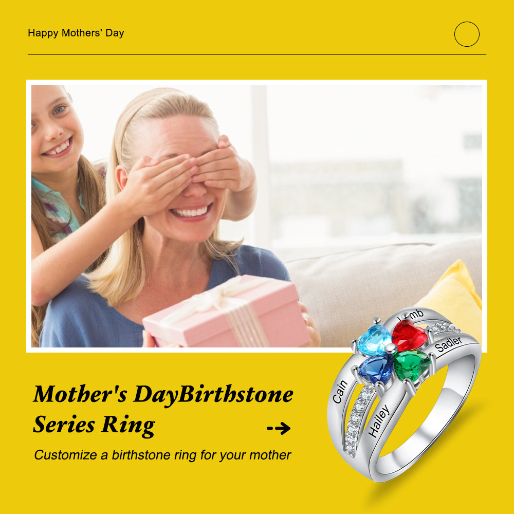 Custom Heart Birthstone Flower Rings for Mother