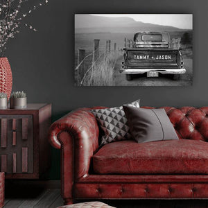 Rustic old Chevy Stepside Red Truck Wood Frame Canvas Print. Artwork for bar, man cave art, personalized canvas print for couples, country mountain road