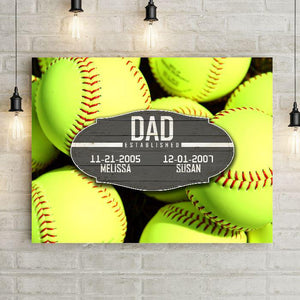 Softball Dad Established Date Canvas Print Wall Hanging.  Beautiful Home Decor, Office Decoration, or Man Cave Sign.  Best Father's Day Gift Idea for #1 Dad. Carved wood Sign for sports enthusiast on a background of sports-themed wall art.