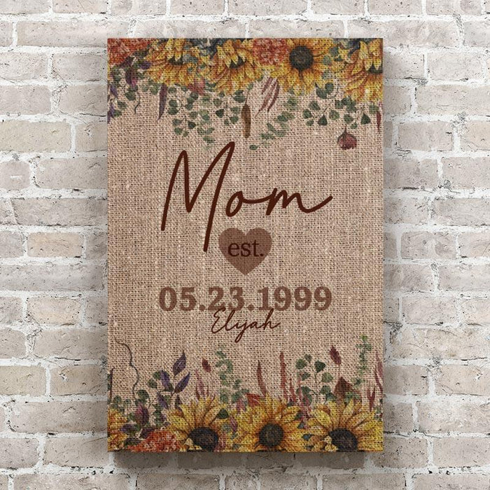 Personalized Mom Established Family Name Canvas - Burlap & Sunflower Canvas Wall Art