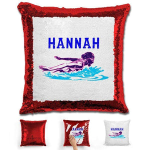 Swimming Personalized Magic Sequin Pillow Pillow GLAM Red Blue 