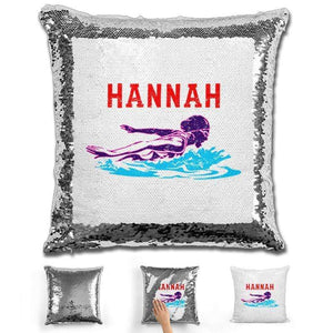 Swimming Personalized Magic Sequin Pillow Pillow GLAM Silver Red 