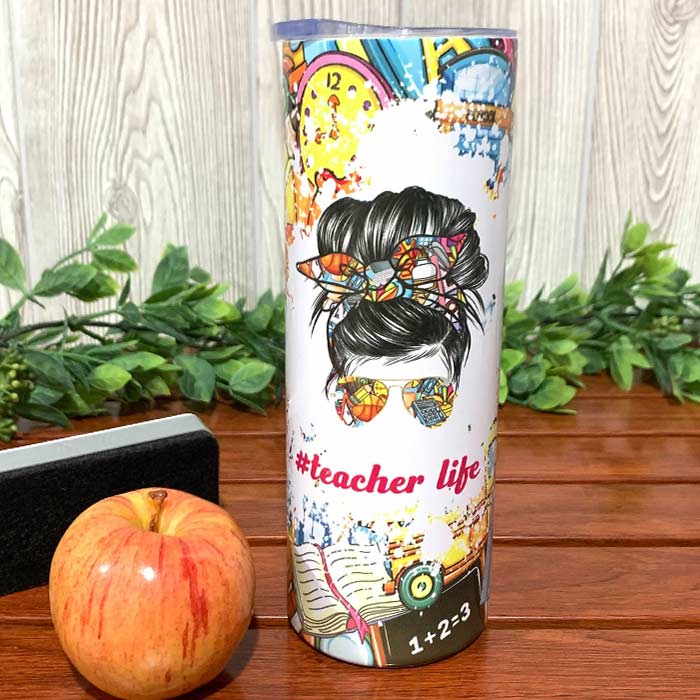 Custom Name Teacher Life Messy Bun 20 oz Skinny Tumbler Back to School Gift  - The best gifts are made with Love