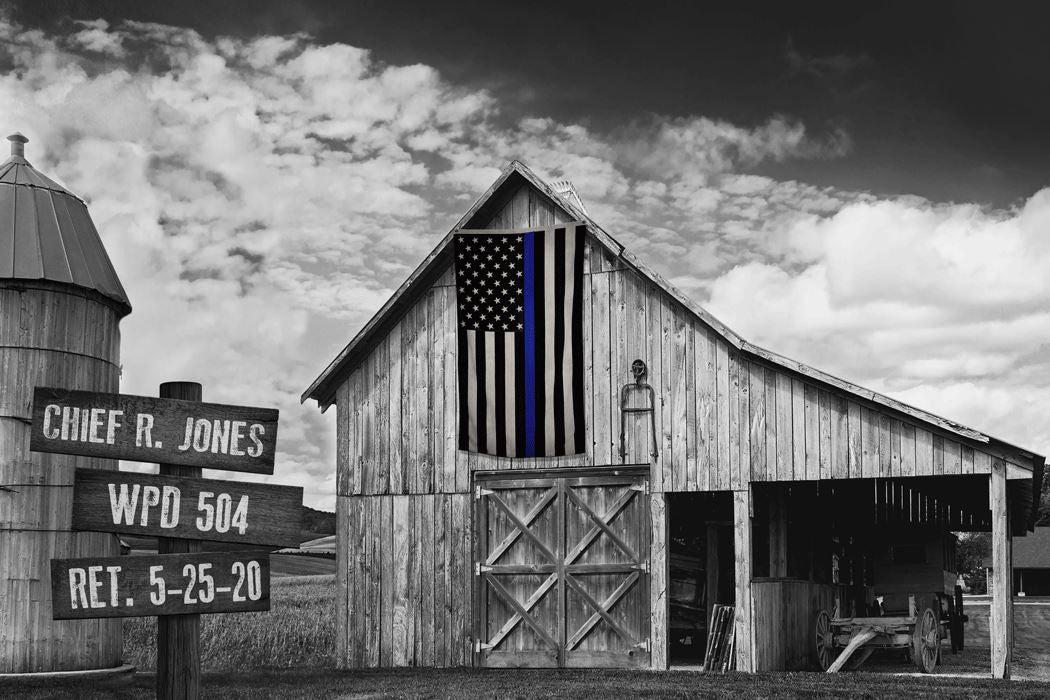 Thin blue line flag on rustic barn personalized canvas print for retirement, promotion, or enlistment. Police officer, police family, sheriff deputy, law enforcement unique gift