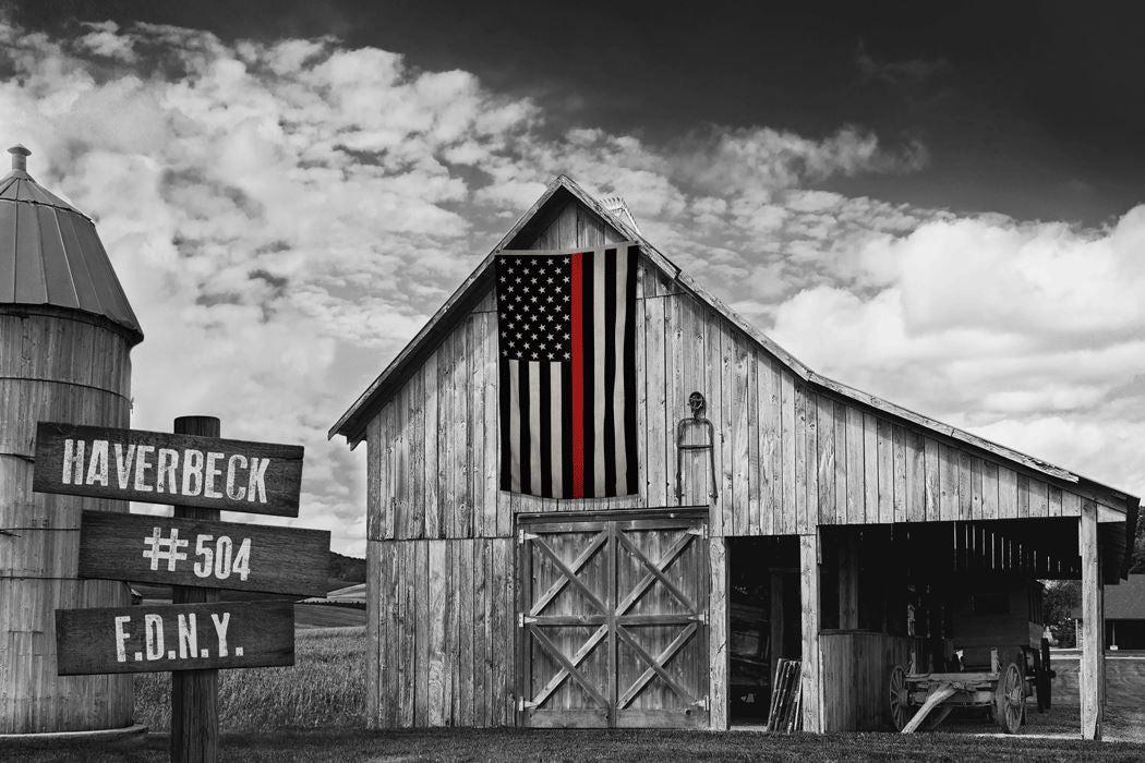 Thin Red Line Flag on Old Barn Personalized Framed Canvas Print