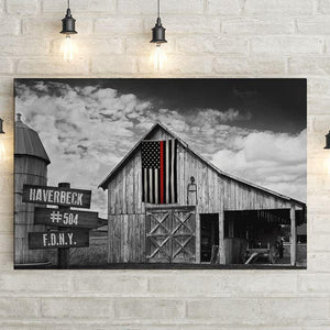 Thin Red Line Flag on Old Barn Personalized Framed Canvas Print