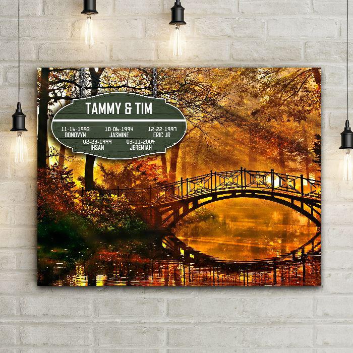 Family Established Date Sign on Beautiful Autumn Scenery Bridge River Sunlight Rays Canvas Wall Decor. Orange, red, brown decor, Personalized sign with names and birthdays.