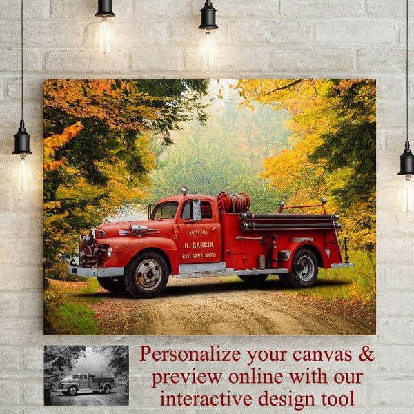 Personalized Vintage Fire Truck Wall Art Canvas, Custom Door Lettering