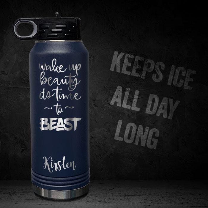 32oz Double Wall Flip Top Water Bottle With Straw, Polar Bear, Personalized  Engraving Included 