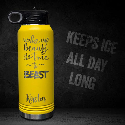 WAKE-UP-BEAUTY-TIME-TO-BEAST-PERSONALIZED-32-OZ-VACUUM-INSULATED-SPORT-BOTTLE-MOTIVATIONAL-WORKOUT-GYM-QUOTE-YELLOW